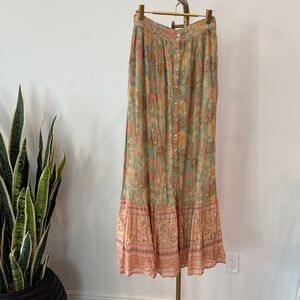Button-Front Floral Maxi Skirt in Sage Green and Blush